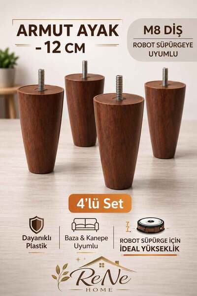 ReNe HOME Armut Mobilya Ayağı 4 Adet 12 cm (Ceviz) Robot Süpürgeye Uyumlu Kol...