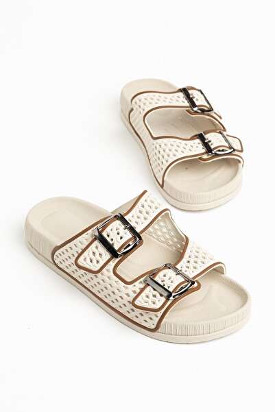 Moda Eleysa Betty Women's Beige-Brown Rubber Double Buckle Poly Sole Slippers
