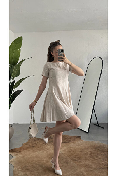 asfamoda Women's Beige Linen Look Short Sleeve Mini Dress Crew Neck Fit & Fla...