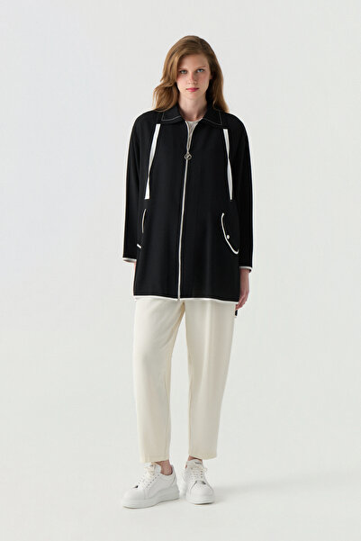 Zühre Comfortable Black Jacket with Zipper and Stripe Detail 0180