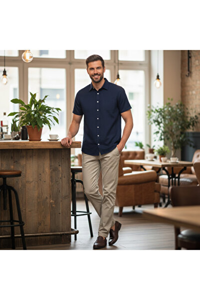LIVERGY Men's Navy Blue Short Sleeve Linen Shirt