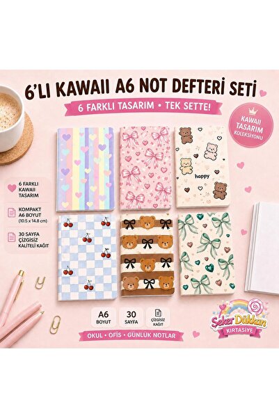 ÖZ KIRTASİYE Kawaii Panda-Kurdele-Kiraz-Kalp 6'lı Çizgisiz Not Defteri