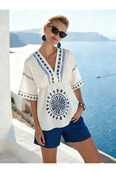 Iuliashop Women's Daisie Blue Blouse with Blue Geometric Print - S