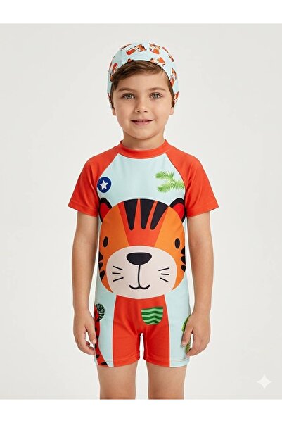 trandbaby Erkek Çocuk / Bebek Kaplan Figürlü Şortlu Tulum Mayo ve Bone Seti