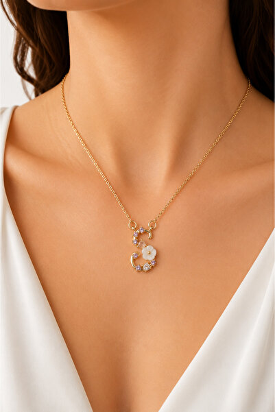 LooRen Butik Stone Detailed Gold Color Letter Pendant Models (S-E-M-A-B-N-D-K...