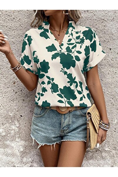 Iuliashop Women's Joelle Beige Shirt with Green Flowers - M