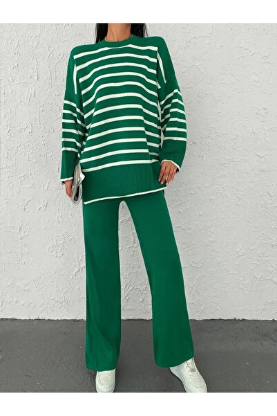 Iuliashop Knitted Set with Zinna Green Pants with White Stripes