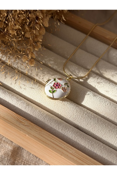 Tiştok accessory Kadın Çelik Beyaz Mineli Çiçek Desenli Açılabilir Oval Madal...