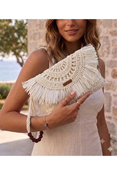 Ahşap Evi Kağıt İp Portföy Çanta Siyah Hasır El Çantası Portföy, Clutch Çanta