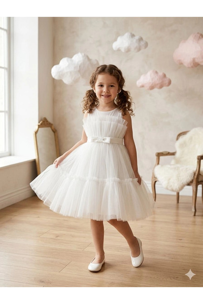 Orca Kids Fashion 2-10 فستان سهرة من التول بحزام على شكل فيونكة باللون الأبيض