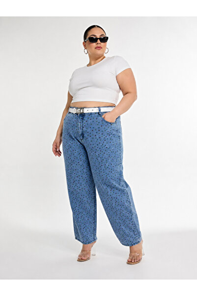 carmito Plus Size Denim Belted High Waist Polka Dot Pocket Balloon Cut Women'...