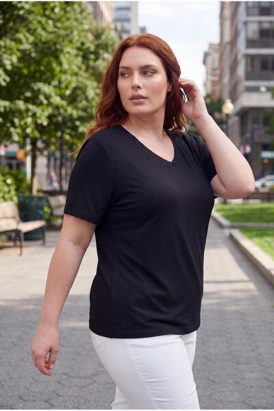 Ebsumu Women's Plus Size Front and Back Stone Printed Black Blouse