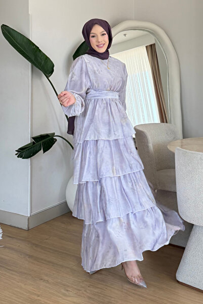 Tesettür Diyarı Fluer Tulle Modal Fabric Printed Lined Hijab Dress - Lilac