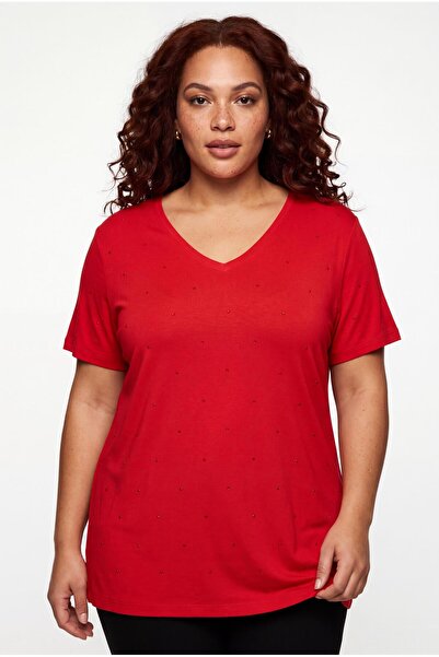 Ebsumu Women's Plus Size Front and Back Stone Printed Red Blouse