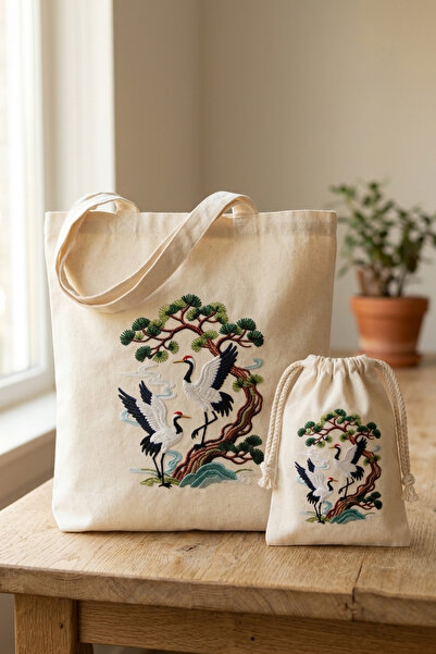 A8 Kurumsal Hizmetler Nakış Görünümlü Leylek Desenli Kanvas Çanta ve Kese 2 '...