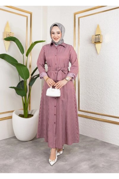 TATULA Stripe Patterned Belted Hijab Long Dress