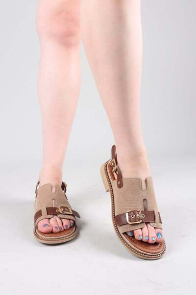 Birikon Reli̇za Leather-Suede Decorated Sandals Beige