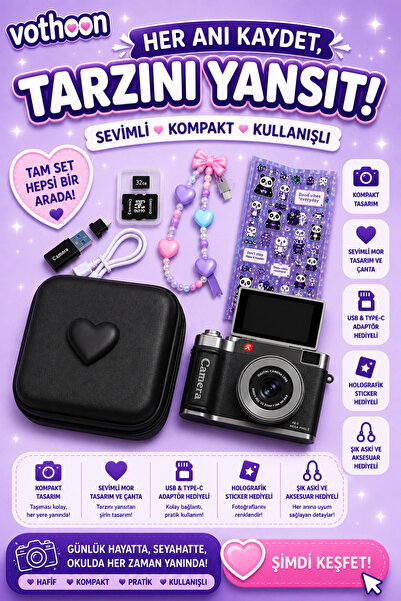 Vothoon 4K Çantalı Dijital Retro Video Kamera 48MP 16X Zoom Işıklı (32GB) Kar...