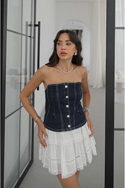 Havoş Lacivert Önü Düğmeli Straplez Denim Bluz