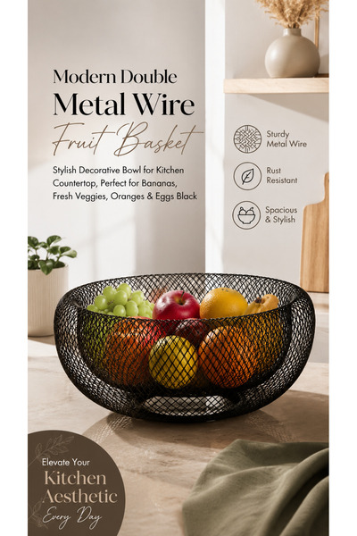 Prime Cart Collections Modern Double Tier Black Metal Wire Fruit Basket – Dec...