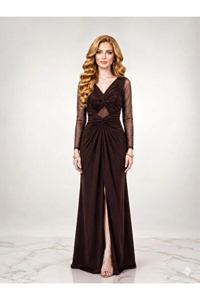 DAY BY DAY Women's Evening Dress Stretch Maxi Stretch Dress with Sheer Sleeve...