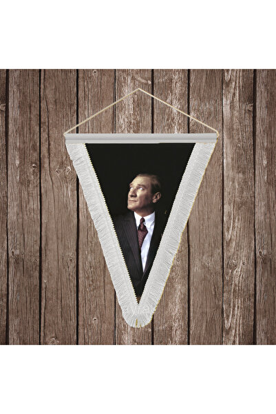 puntodizayn İstikbal Göklerdedir Atatürk Portresi Beyaz Saçaklı Üçgen Flama B...