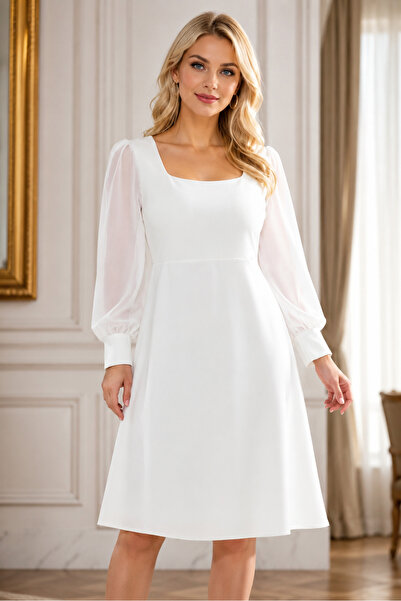 IŞILTI Women's Square Neck Tulle Sleeves Princess Cut Special Design White Fl...