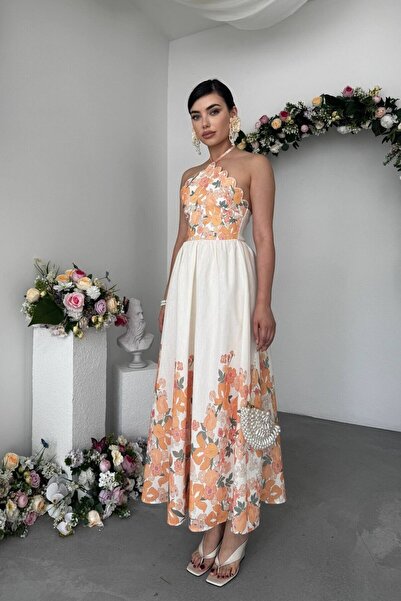 Julidress Neck Tie Flower Patterned Asymmetrical Collar Maxi Long Premium Lin...