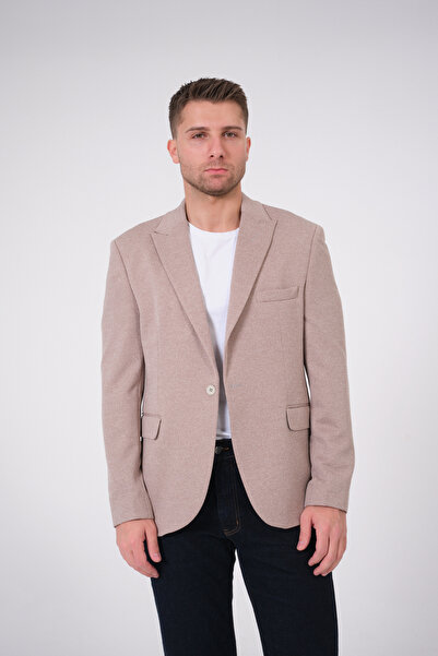 Bonesti Erkek Slim Fit Blazer Ceket Bej Beyaz Noktalı