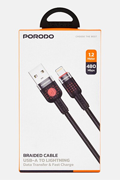 porodo كابل مضفر من نوع A إلى Lightning، باللون الأسود