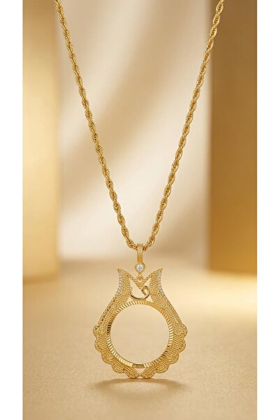 Vipfoni Zircon Stone Half Gold Pendant with Frame and Rope Chain 60 cm