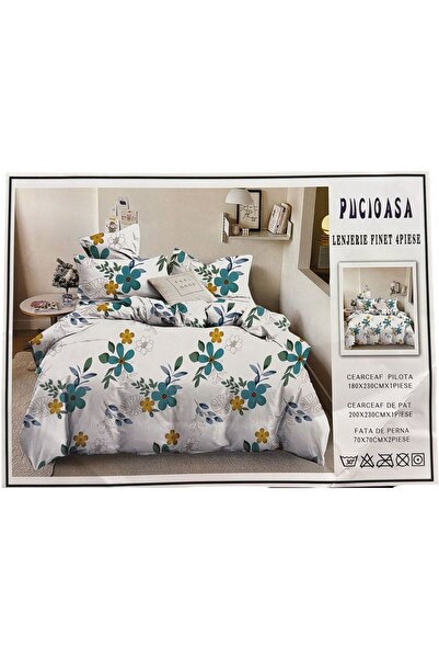 OEM Single bed linen, fine cotton, 4 pieces, white with turquoise and mustard...