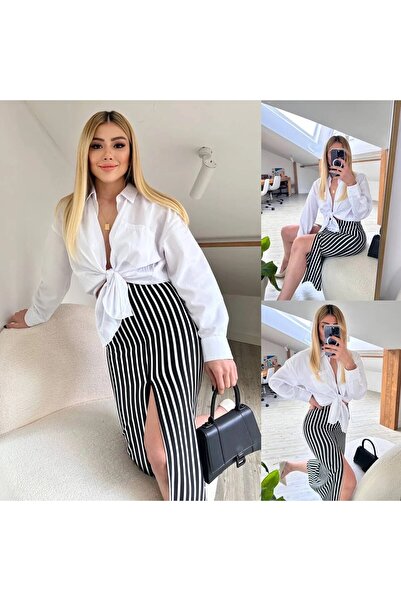 MQ High-Waisted Striped Midi Skirt with Side Slit – a Touch of Modern Flair w...