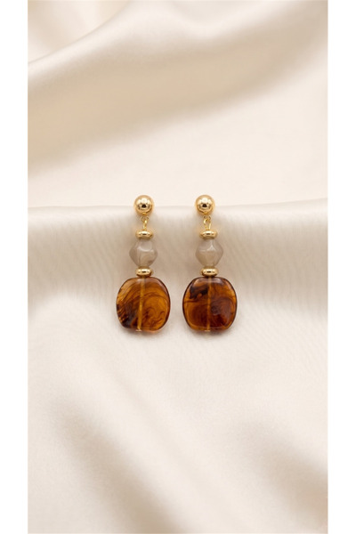 Pelin Aksesuar Amber Color Marble Patterned and Gray Beaded Dangle Elegant Ea...