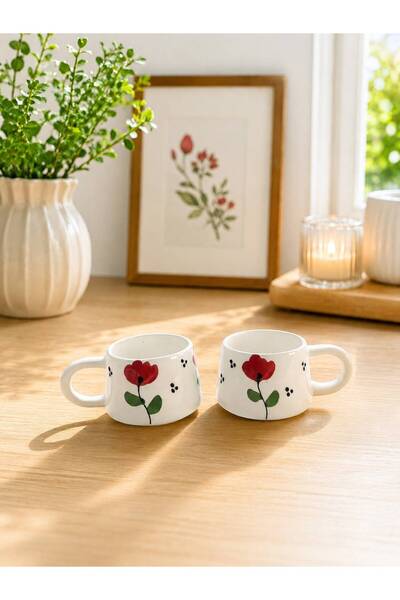 CEYU SERAMİK Set of 2 Red Poppy Patterned Ceramic Turkish Coffee Cups