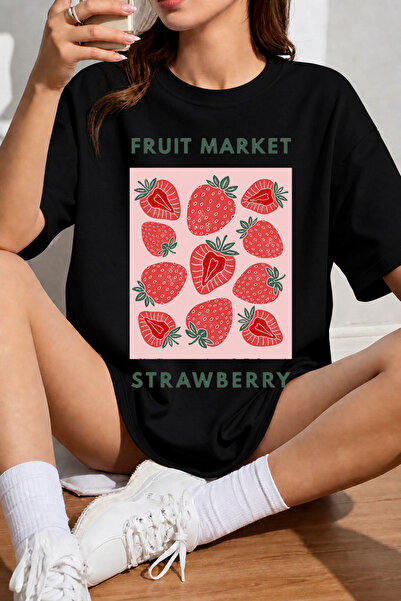 Velostra Women's Fruit Market Strawberry Printed Oversize Crew Neck Cotton Ca...