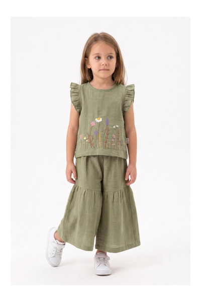 Mini Baray Girl's Floral Embroidered Ruffle Sleeve Cotton Linen Flared 2-Piec...