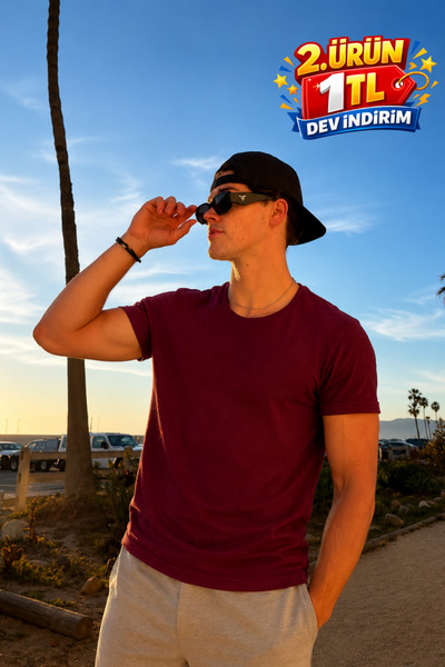 DAMGA JEANS Men's Casual Summer Crew Neck Burgundy Basic T-Shirt