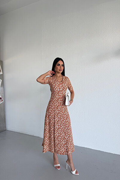 KAŞİHA V-Neck Wrinkled Fabric Flowery Lycra Women's Dress