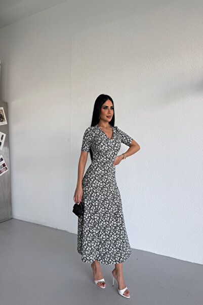 KAŞİHA V-Neck Wrinkled Fabric Flowery Lycra Women's Dress