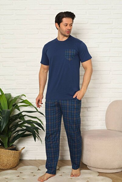 ALİMER Men's Pajama Set - Indigo Checkered Short Sleeve Combed Cotton 1223Ky