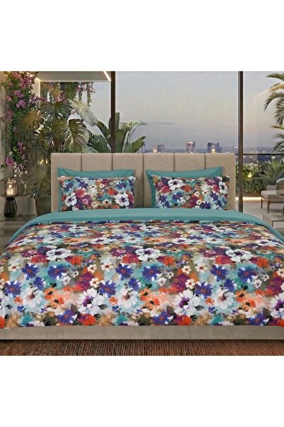 Pucioasa Lenjerie de pat dublu din bumbac 100% satinat cu elastic, 2 fete, Fl...