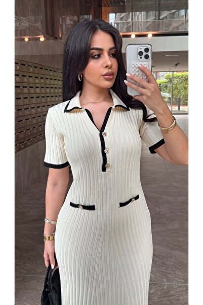 Ware Women's Stylish Buttoned Double Color Detailed Dress