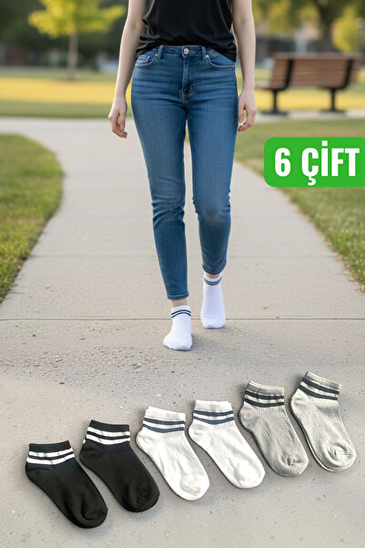 Socks Stores 6 чифта дамски раирани памучни чорапи тип ботички, разноцветни, ...