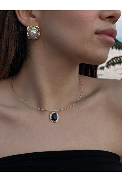 ESMECO Navy Blue Stone Detailed Choker Necklace