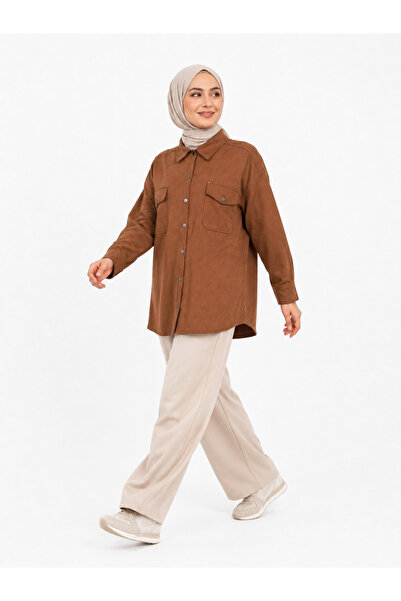 halefoglu kadın oversize süet gömlek