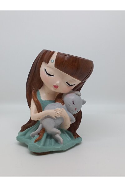 El Yapımı Kız ve Kedi Figürlü Sukulent Saksısı / Tea Light Mumluk