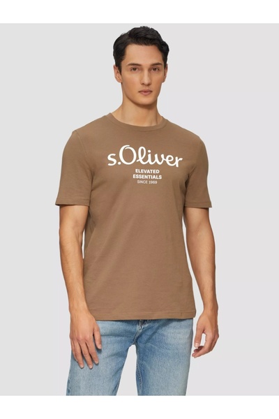 s.Oliver Tricou bărbătesc din bumbac cu guler rotund, croială normală, maro