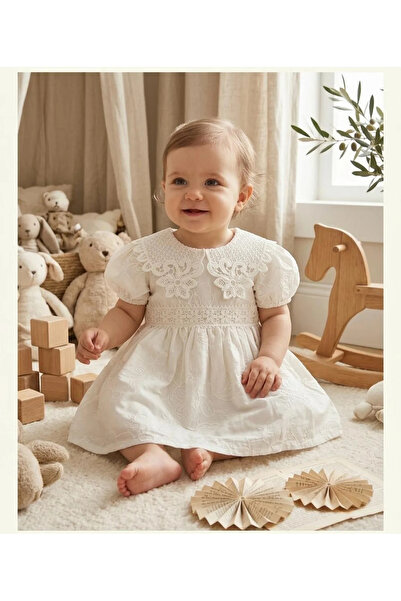 kidstalya White Baby Dress with Collar and Lace Lacing
