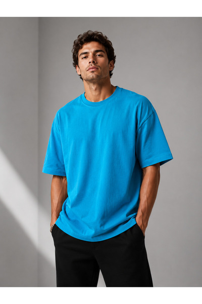metsawear Men's Premium Oversize Turquoise Color Basic T-Shirt – Soft Texture...